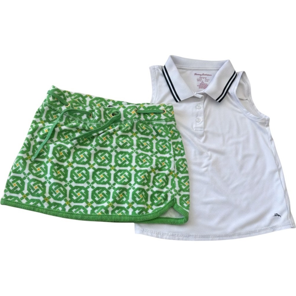 Tommy Bahama white sleeveless polo shirt Juicy Couture‎ green geometric skirt 7